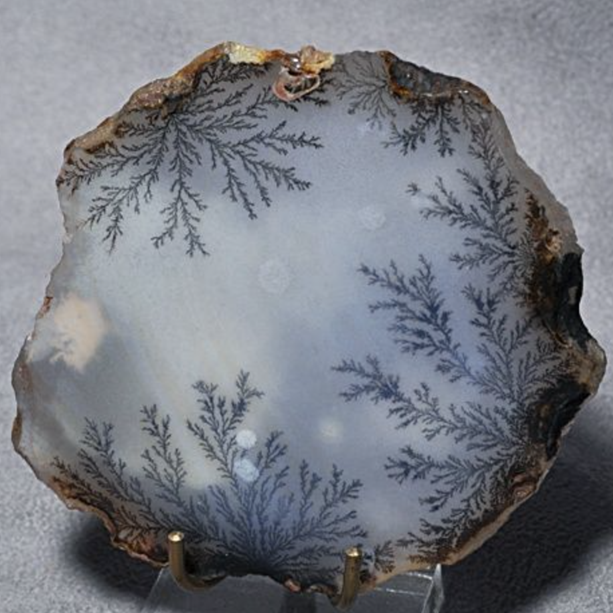Geode with dendritic crystal pattern on a gray background