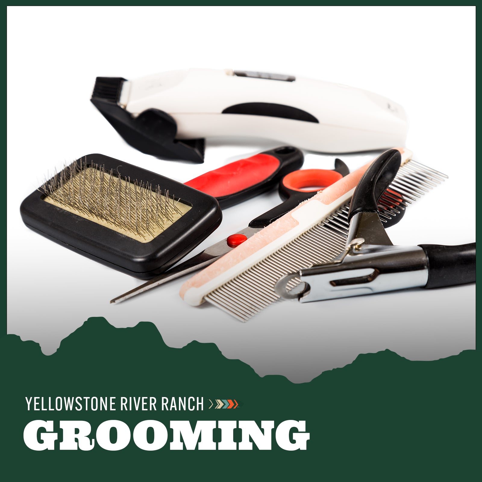 Pet grooming tools including a brush, clipper, and comb
