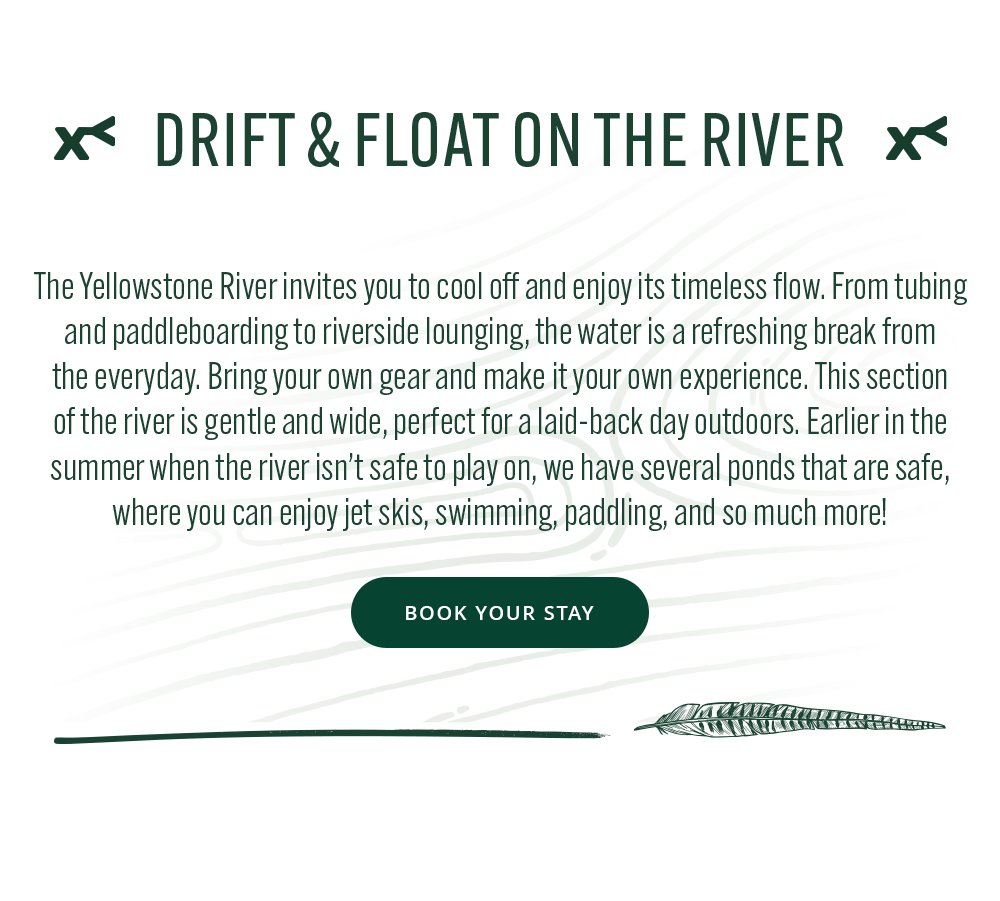 Promotional text for drifting and floating on the Yellowstone River with a booking button.