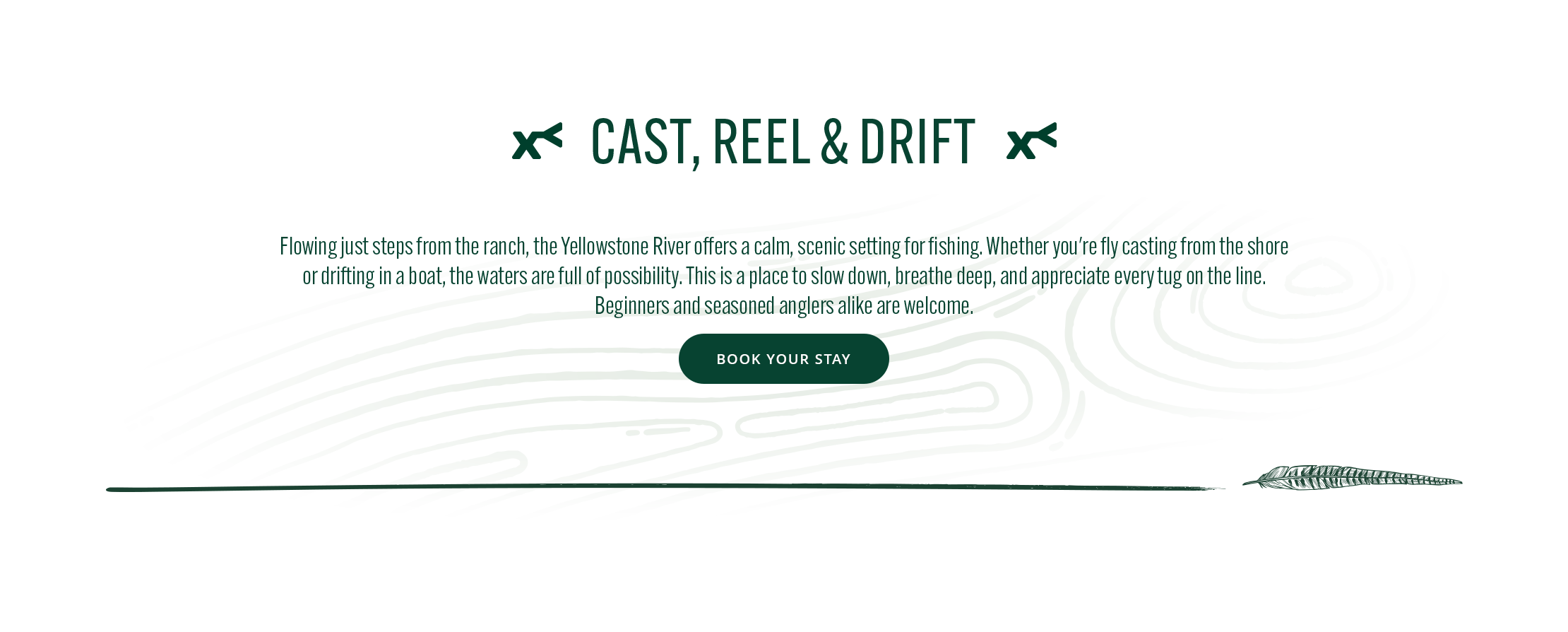 green text 'cast, reel, and drift'