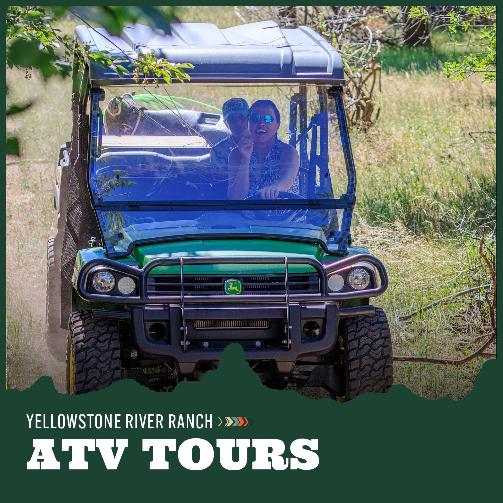 Green ATV with two people inside, surrounded by grass and trees, with 'Yellowstone River Ranch ATV Tours' text.