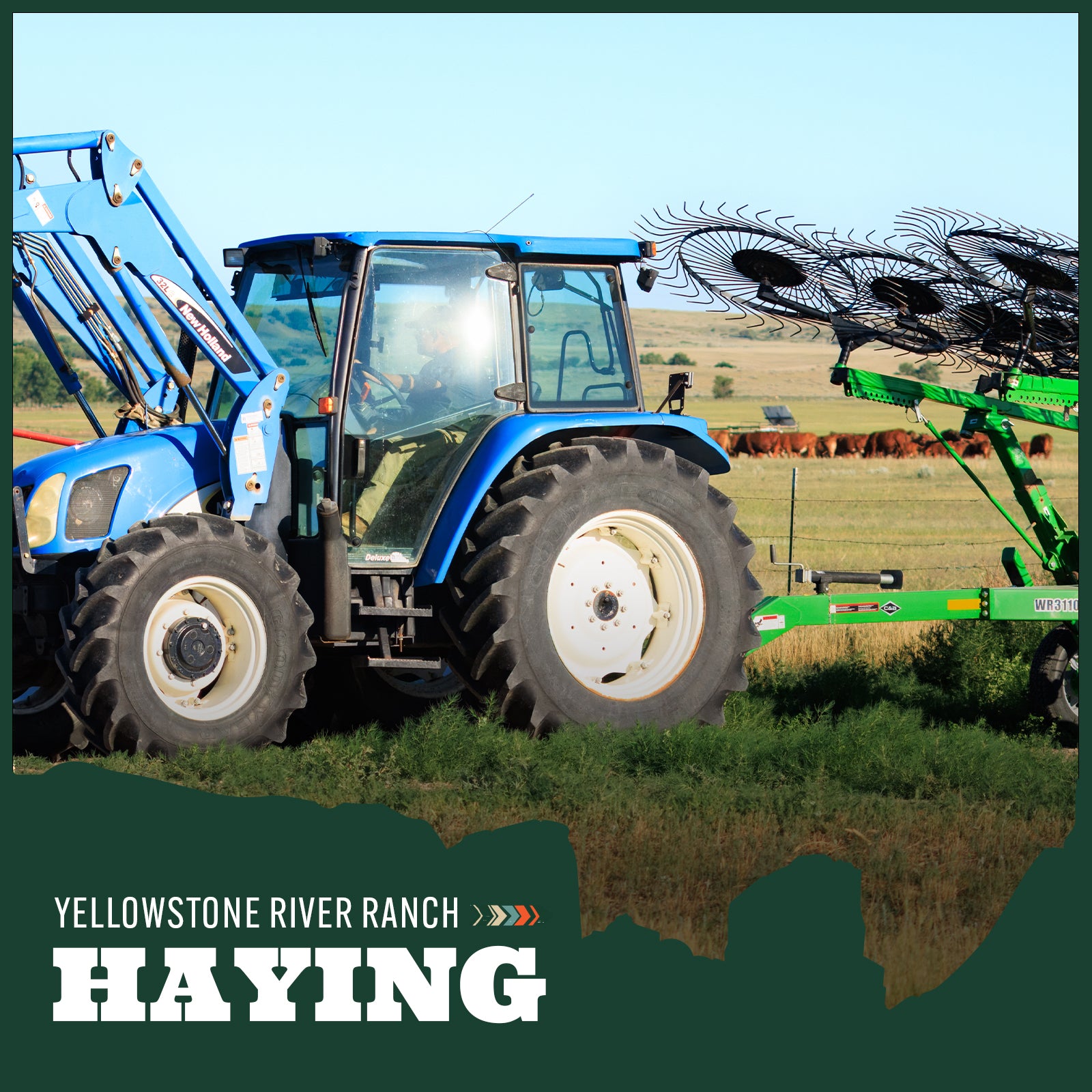 Blue tractor with hay equipment in a field, featuring 'Yellowstone River Ranch' branding.