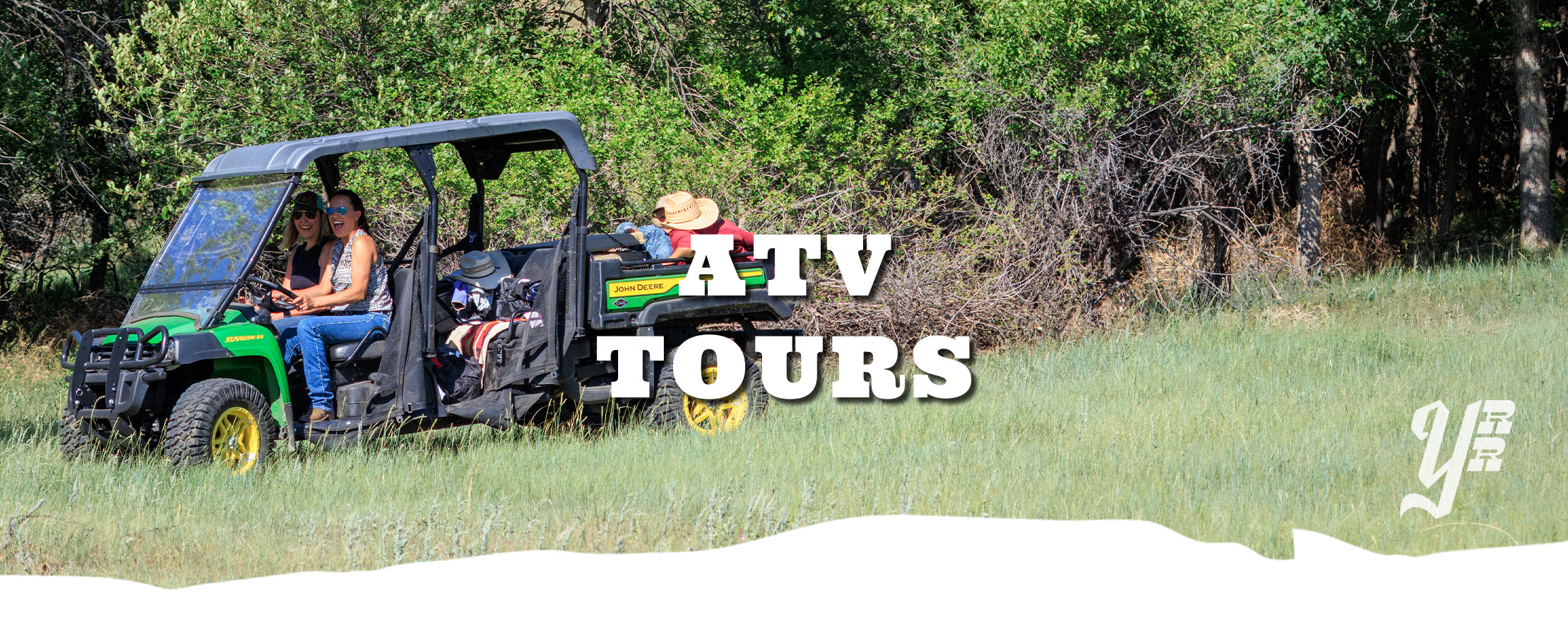 ATV with passengers laughing on a grassy area with 'ATV Tours' text overlay.