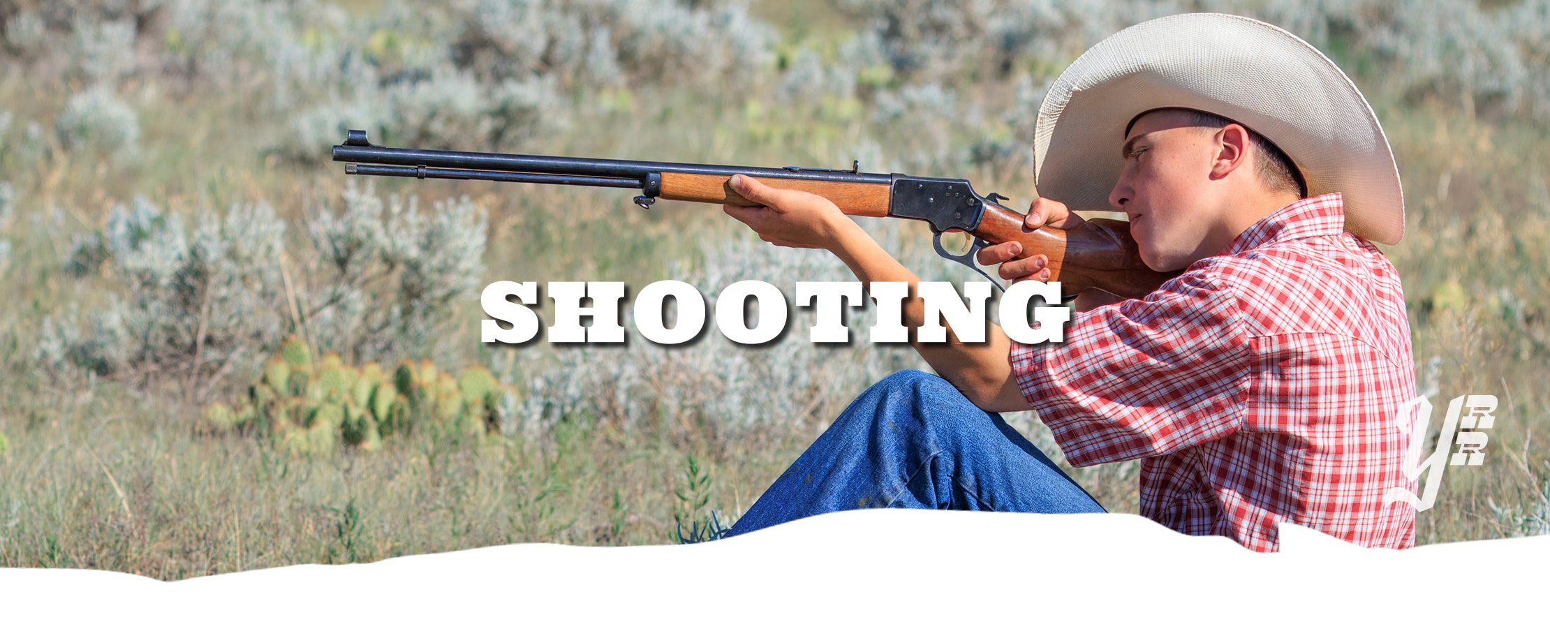 Person in cowboy hat holding a rifle with 'SHOOTING' text overlay in an outdoor setting.