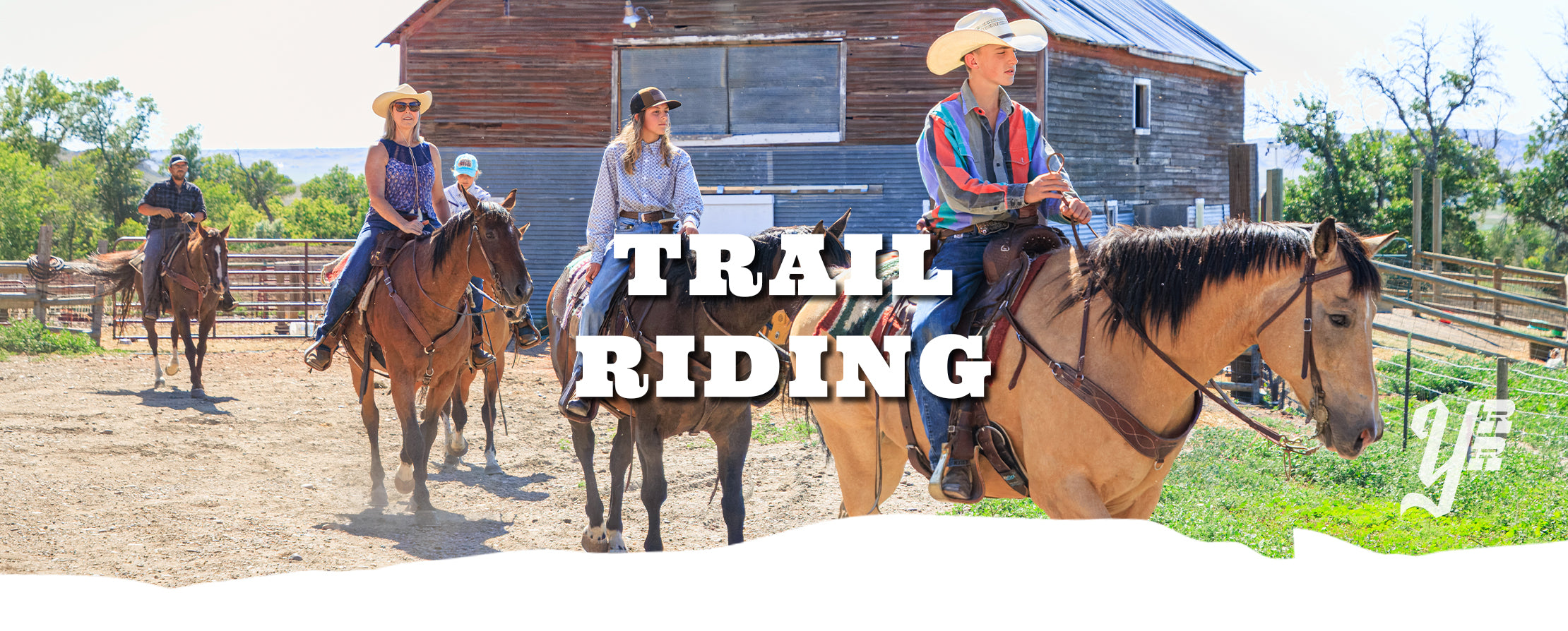 People riding horses with 'Trail Riding' text in a rural setting