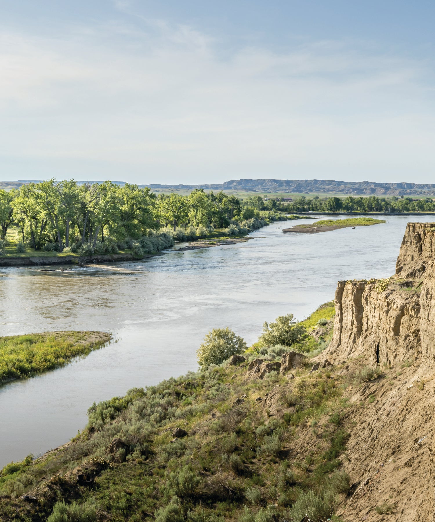 Yellowstone River flowing through a breathtaking landscape with greenery and cliffs.