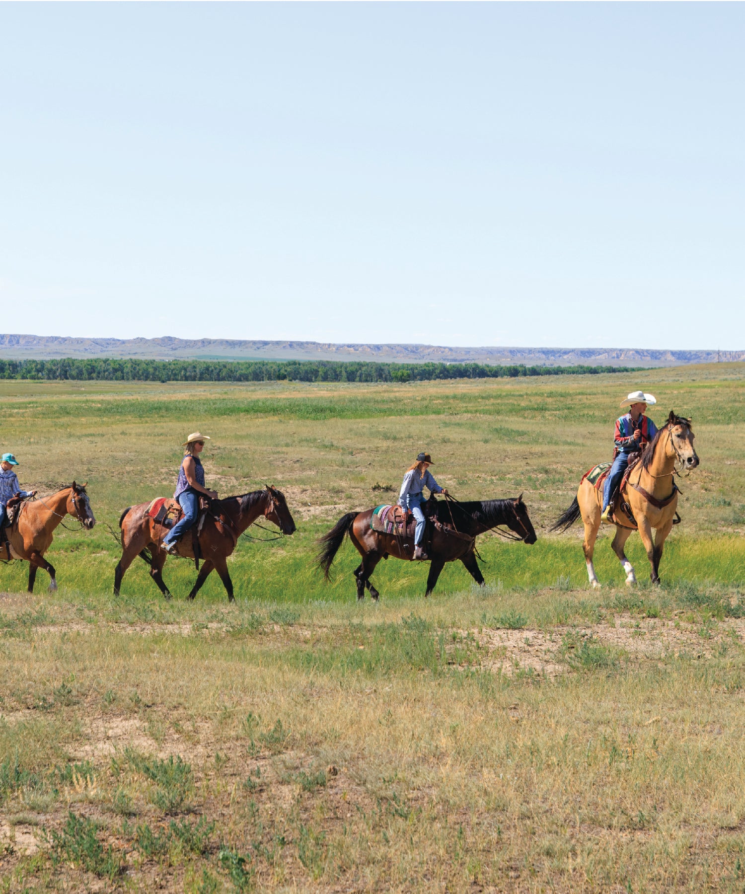 People riding horses across a grassy field with a clear sky.