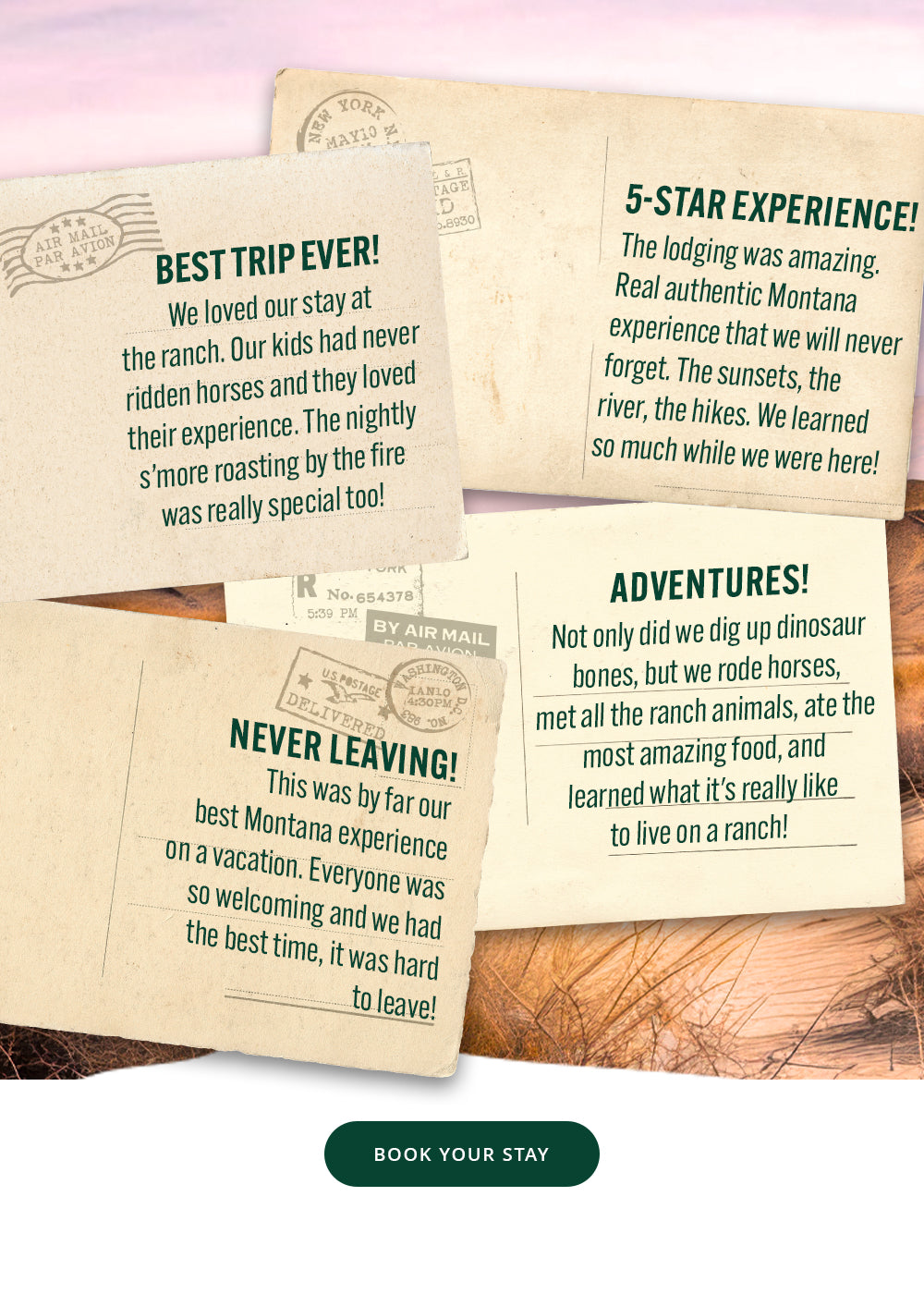 Reviews of a ranch stay with text on postcard-style cards.
