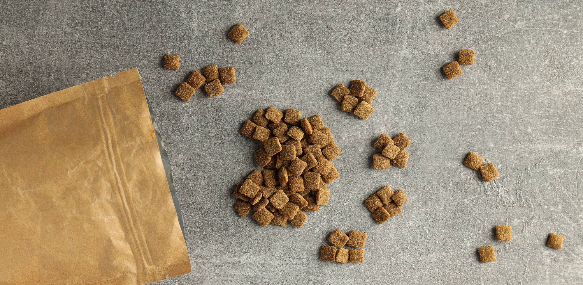 Dog treat packets on a gray surface