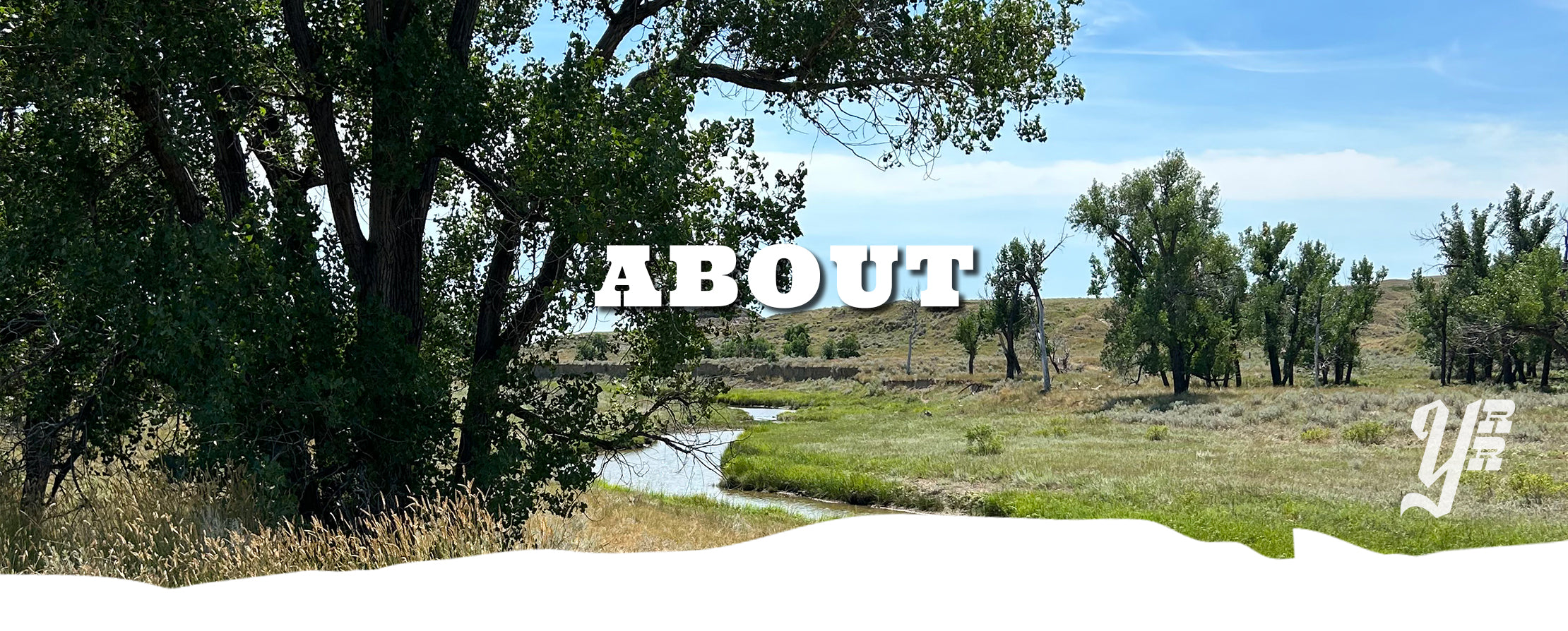 Scenic landscape with trees and a river, featuring the word 'ABOUT' and a logo.
