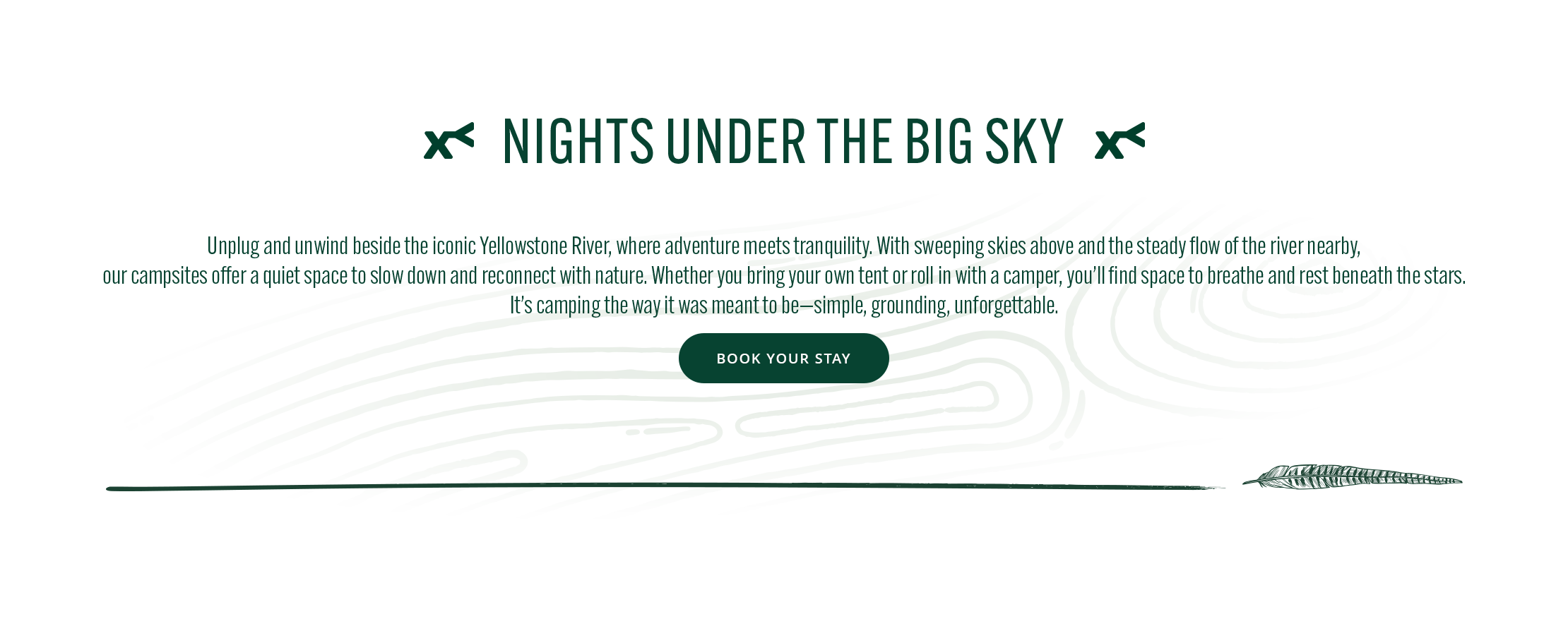 text 'Nights Under the Big Sky' with a scenic description and a call to action button.