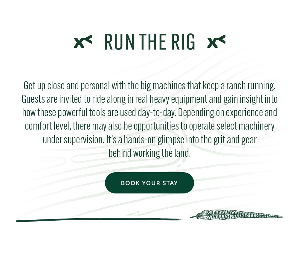 Promotional text for 'Run the Rig' experience with a green button to book a stay.
