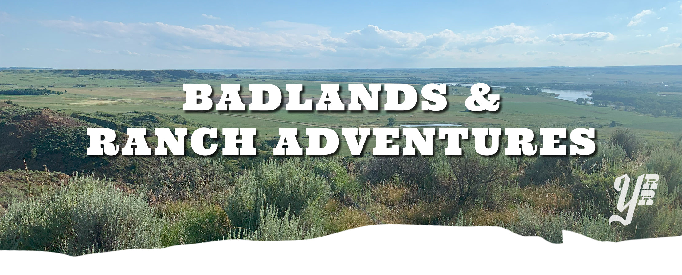 Scenic Montana landscape with 'Badlands & Ranch Adventures' text overlay