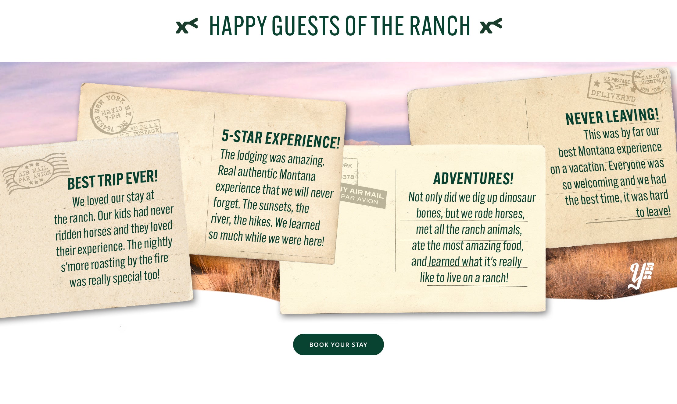 Reviews of a ranch stay with text on postcard-style backgrounds.