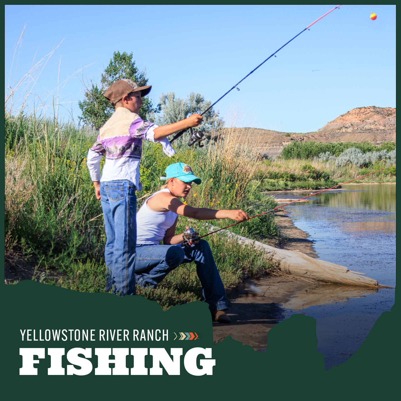 Two teenagers fishing by a river with 'Yellowstone River Ranch' branding.