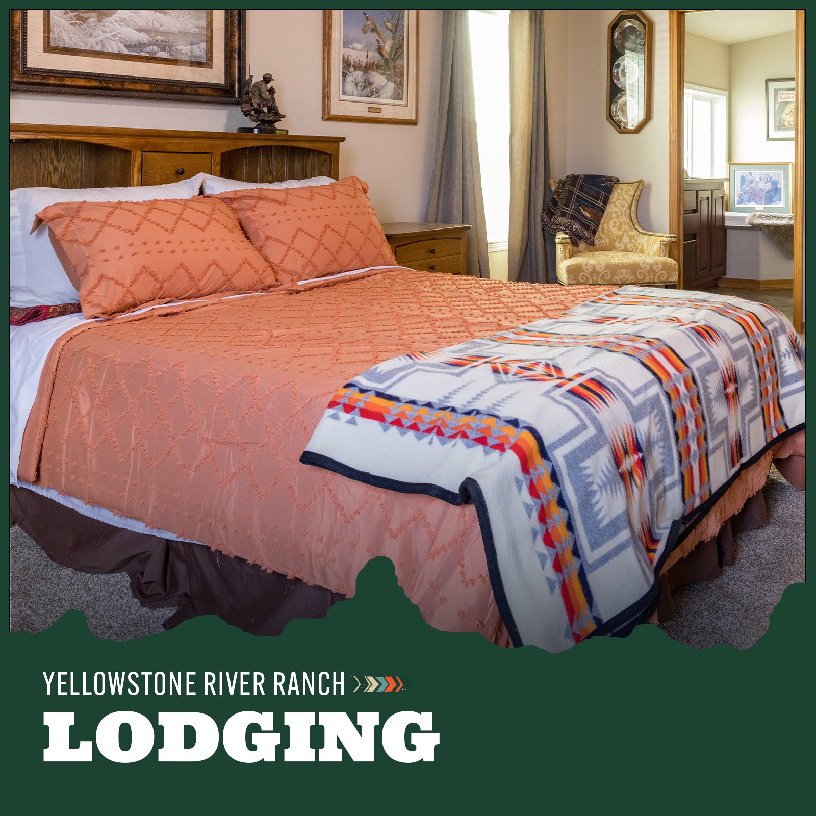 Bedroom with a colorful bedspread and pillows, featuring 'Yellowstone River Ranch Lodging' text.