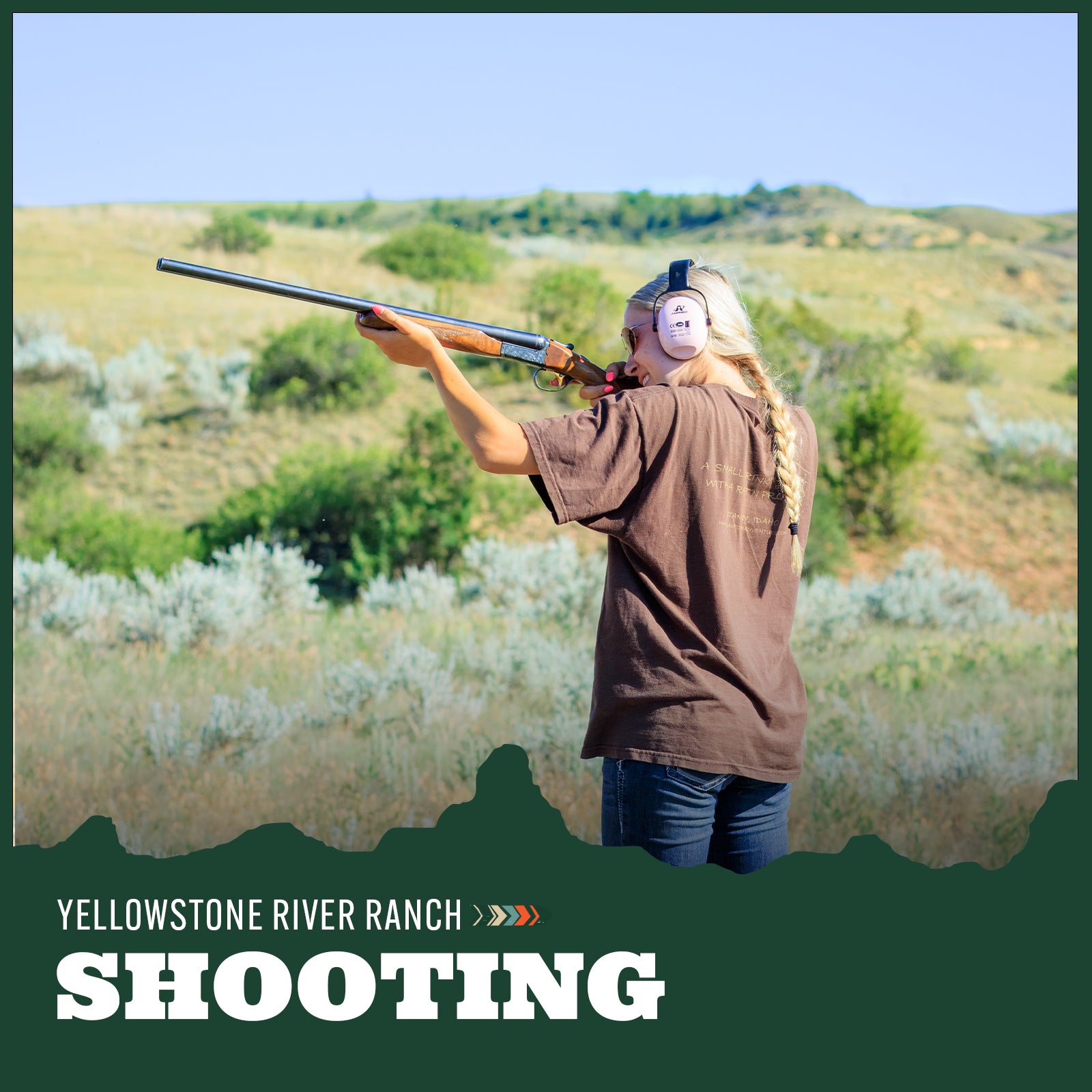 Young woman holding a rifle in an outdoor Montana setting with 'Yellowstone River Ranch' branding.