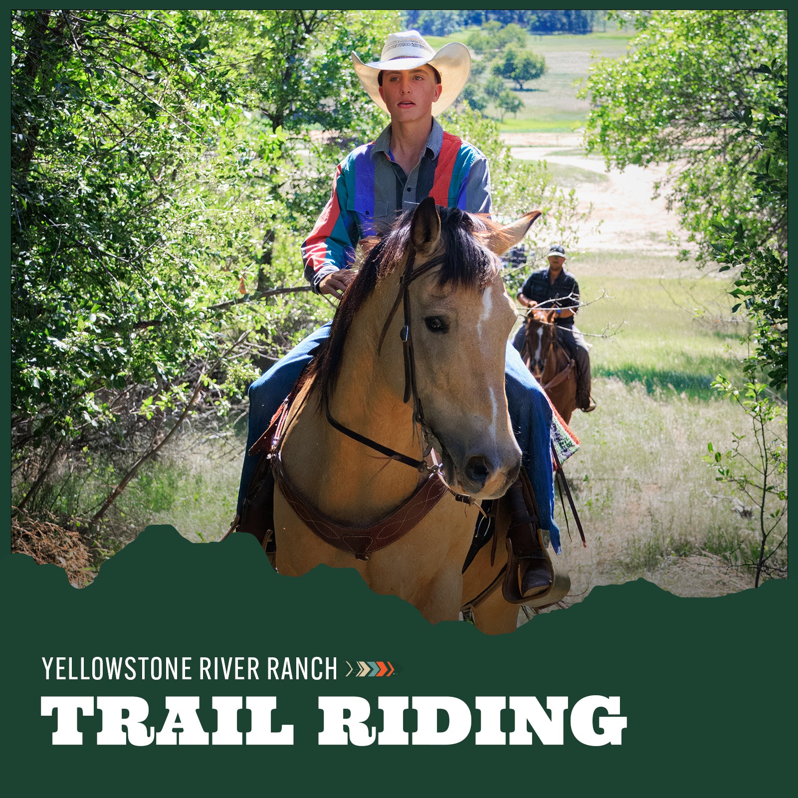 Young man riding a horse in Eastern Montana with another person in the background, promoting Yellowstone River Ranch trail riding.