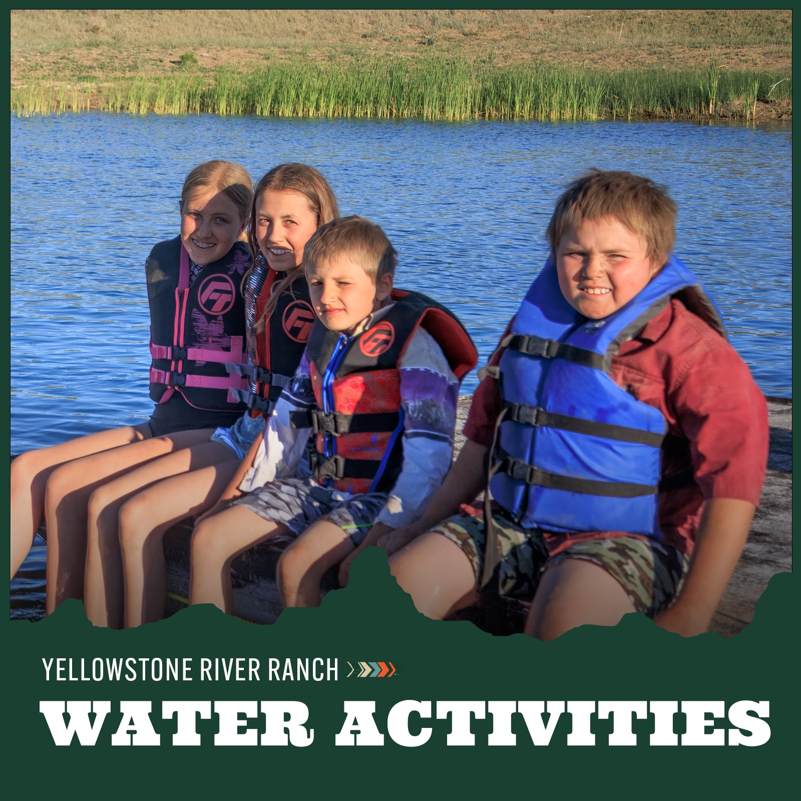 Four children in life jackets sitting on a dock on the Yellowstone River in Montana with 'Yellowstone River Ranch Water Activities' text.