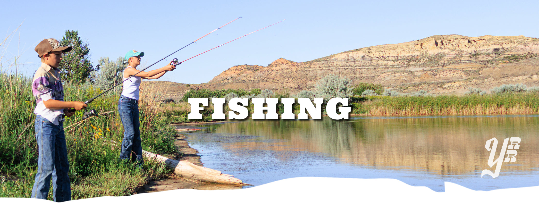 Two people fishing by a lake with mountains in the background, text 'FISHING' 