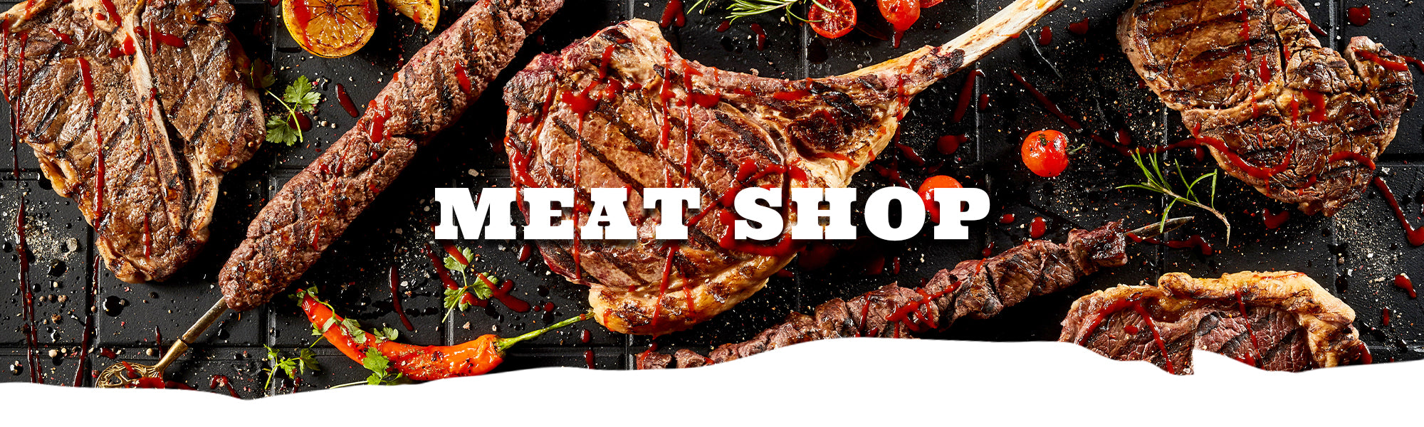 Assorted grilled meats with vegetables on a dark background, featuring the text 'MEAT SHOP'.