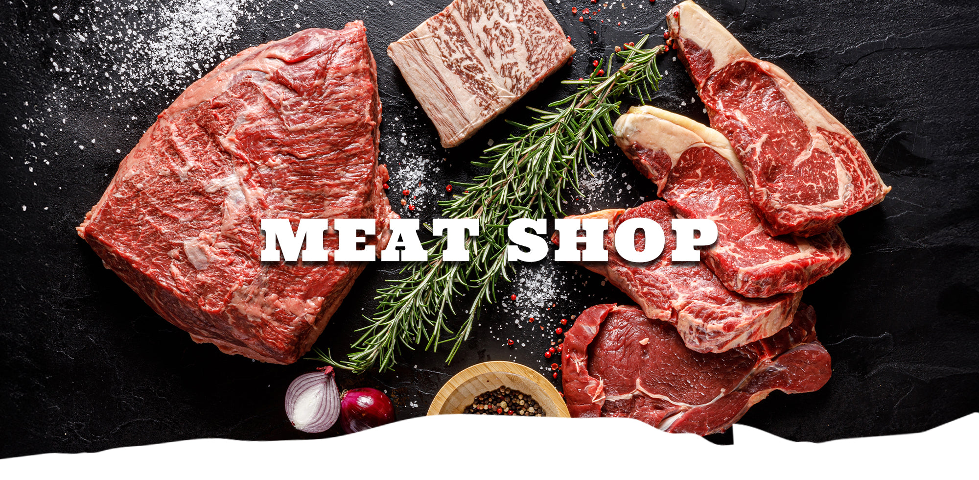 Raw meat with herbs and spices on a dark surface, featuring the text 'MEAT SHOP'.